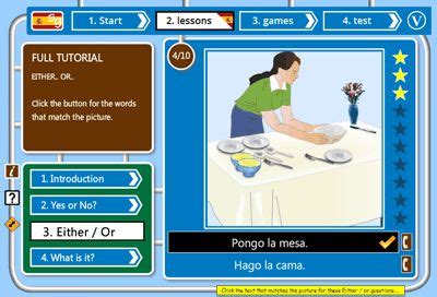Spanish games lessons tests free: Castilian + Latin American.